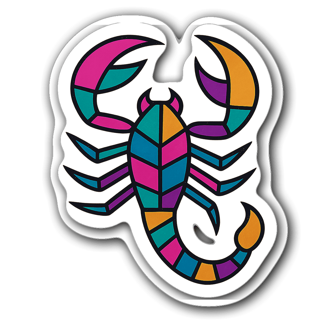 Vibrant Scorpio sticker in pop art style with geometric shapes.