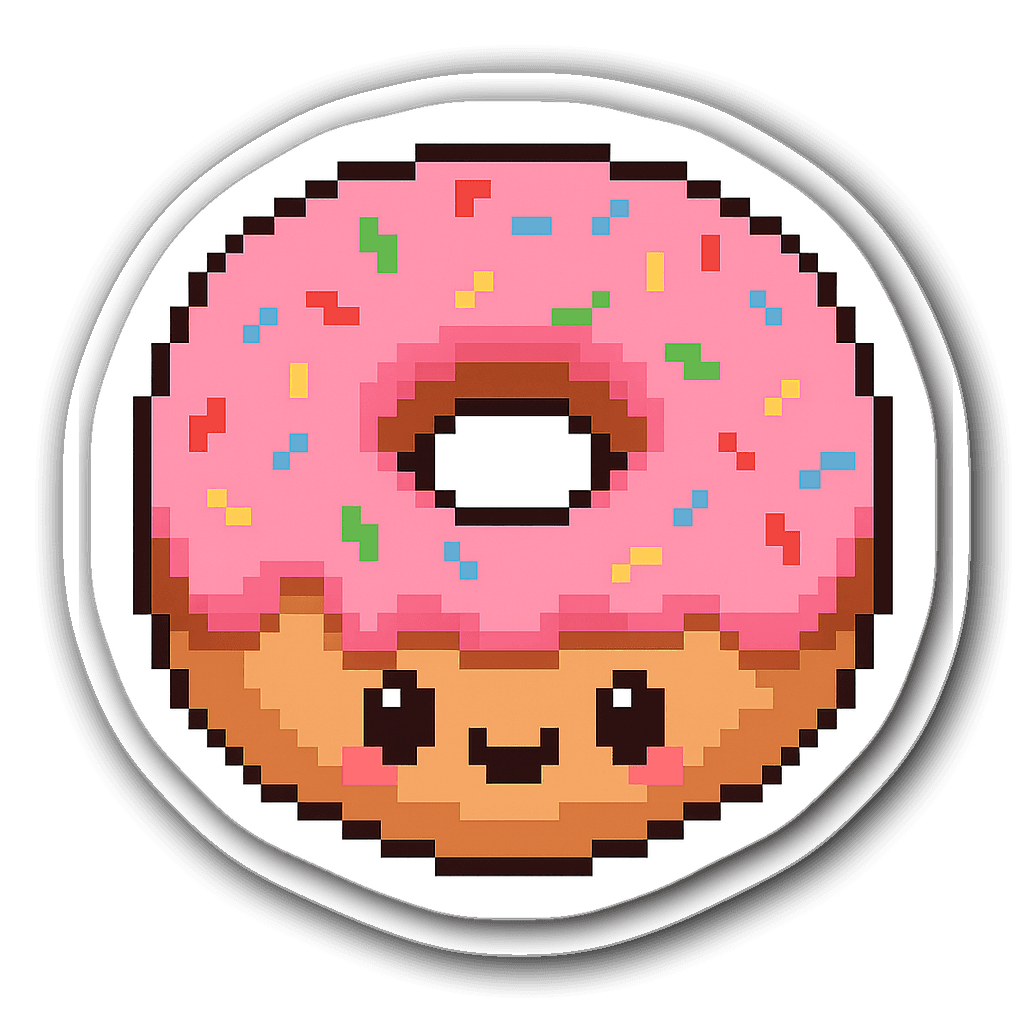 Cute pixel art donut with colorful sprinkles and happy face