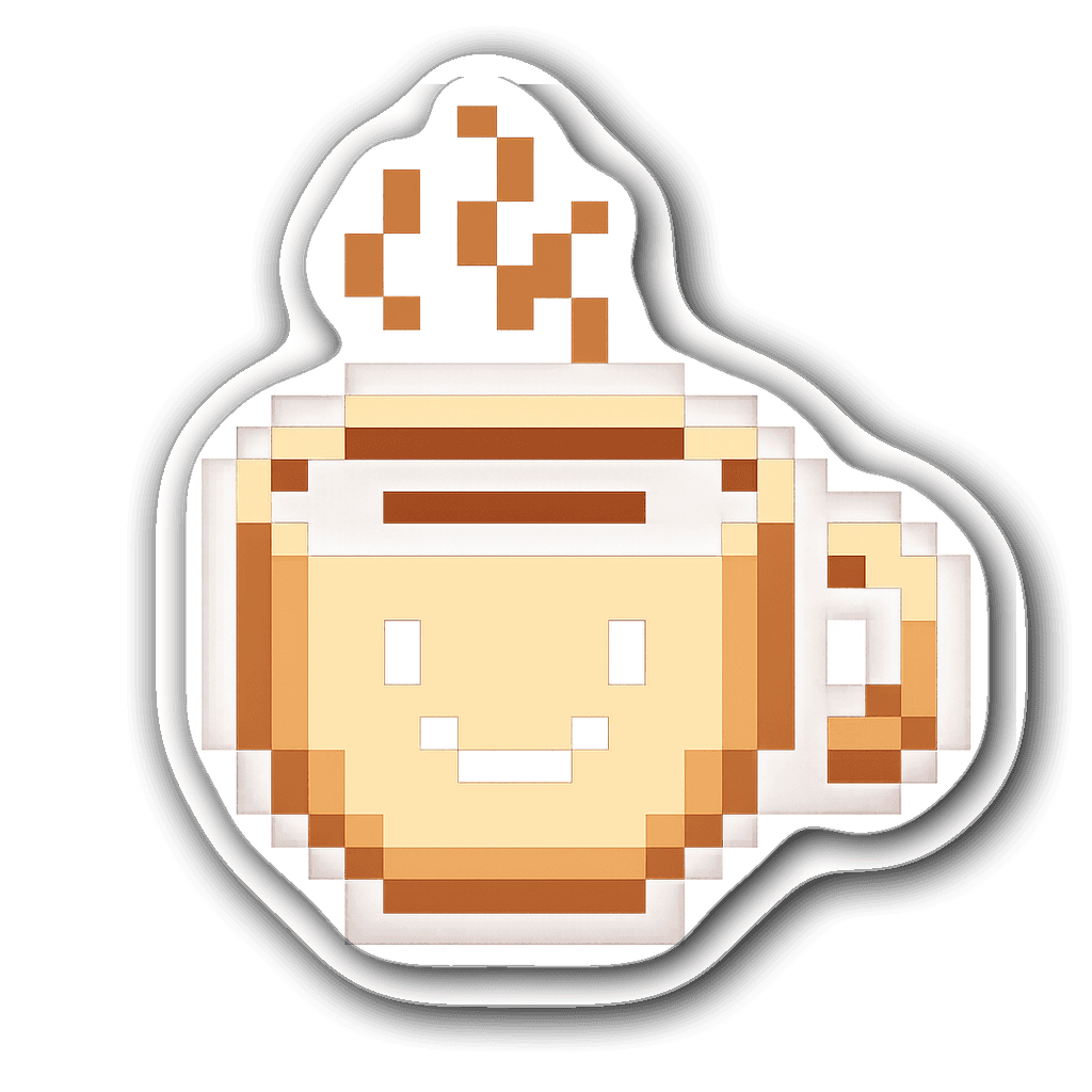 8-bit retro coffee cup with smiling face and steam