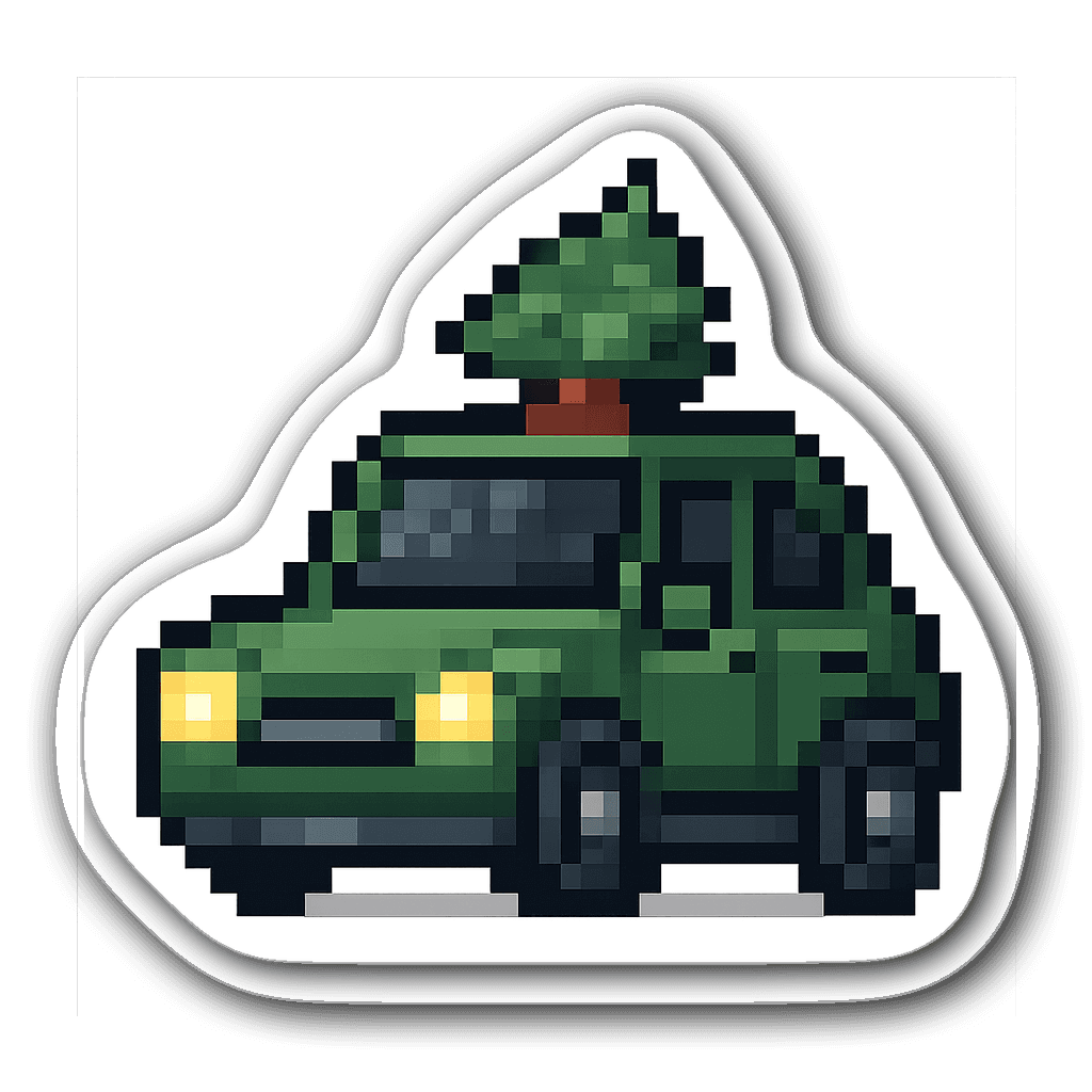 Pixel art compact car with animated headlights and tree