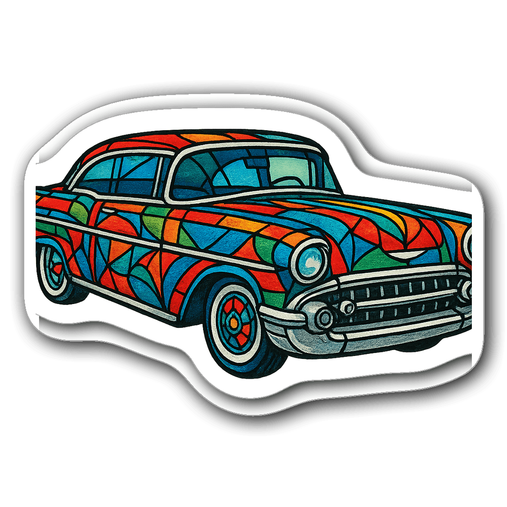 Vintage car sticker with stained glass patterns in vibrant colors