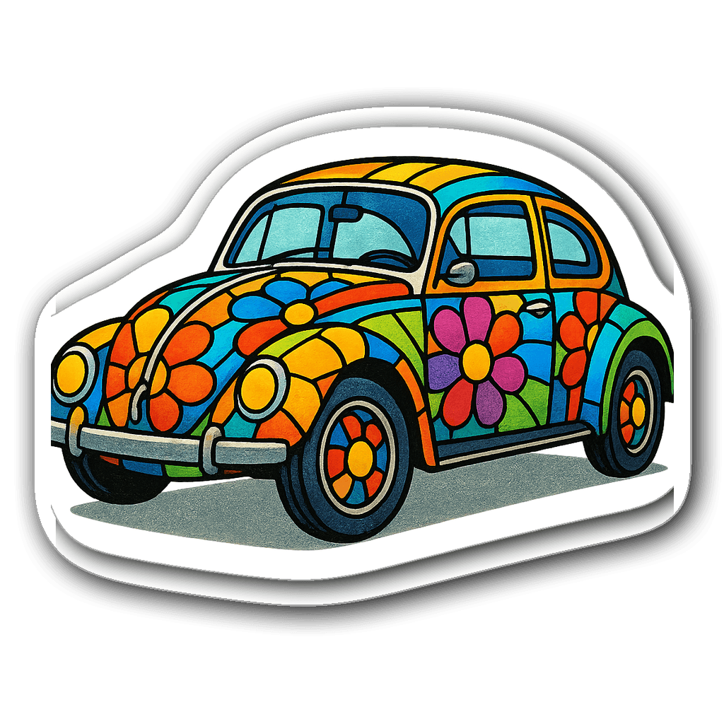 Stained glass Volkswagen Beetle with colorful flowers design