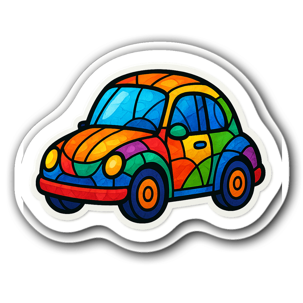 Cartoonish mini car with a rainbow stained glass design