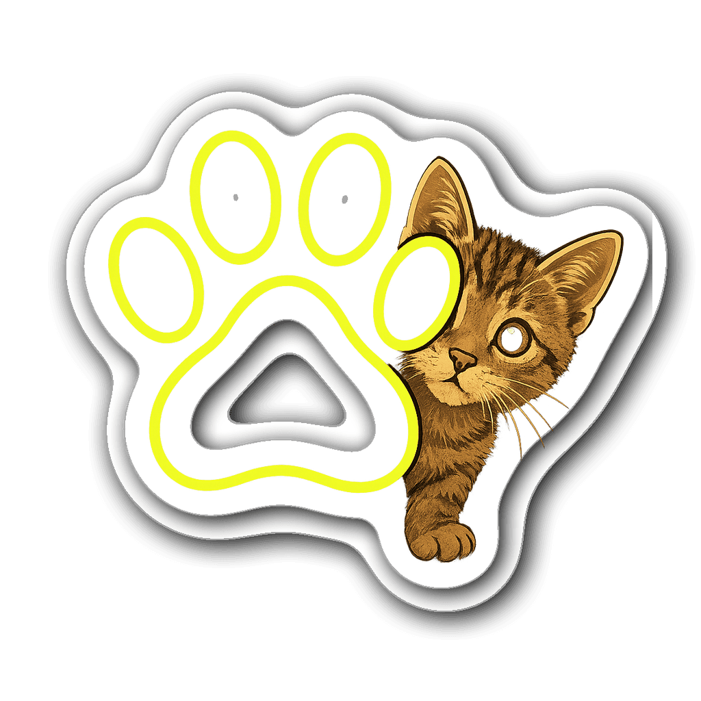 Curious kitten peeking behind a neon green paw print