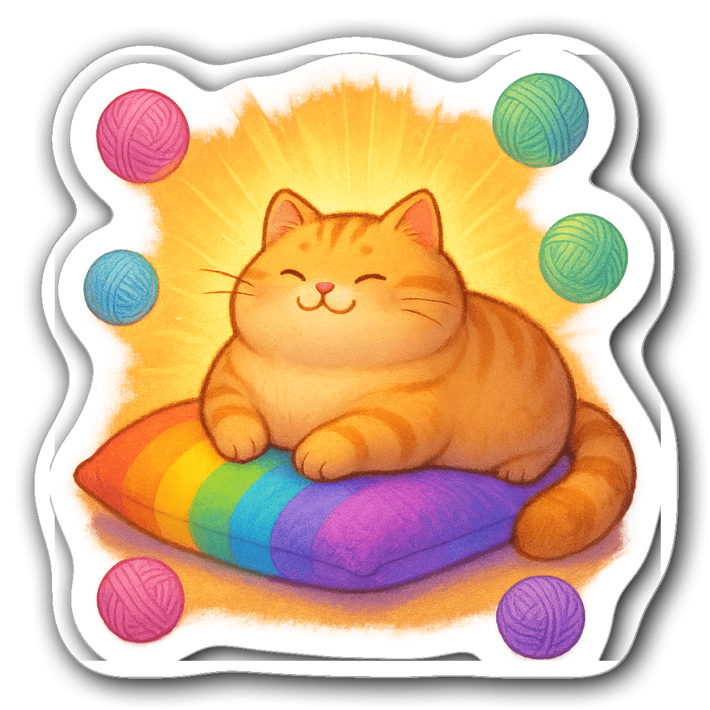 Chubby cat on a rainbow pillow with backdrop of pastel yarn balls
