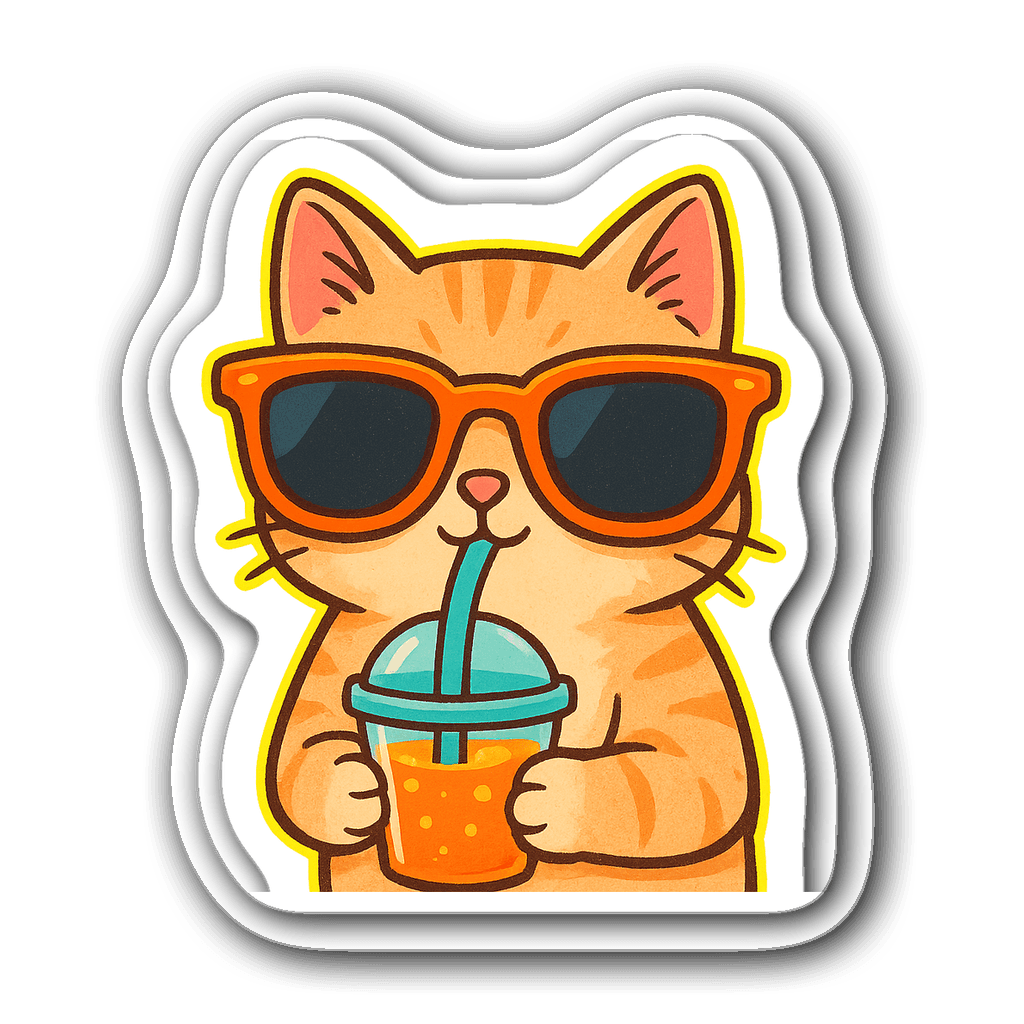 Cute cat wearing neon sunglasses and sipping a drink