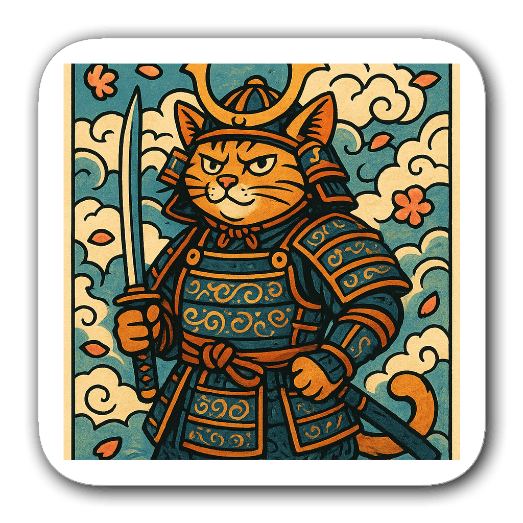 Samurai cat sticker with katana and sakura petals