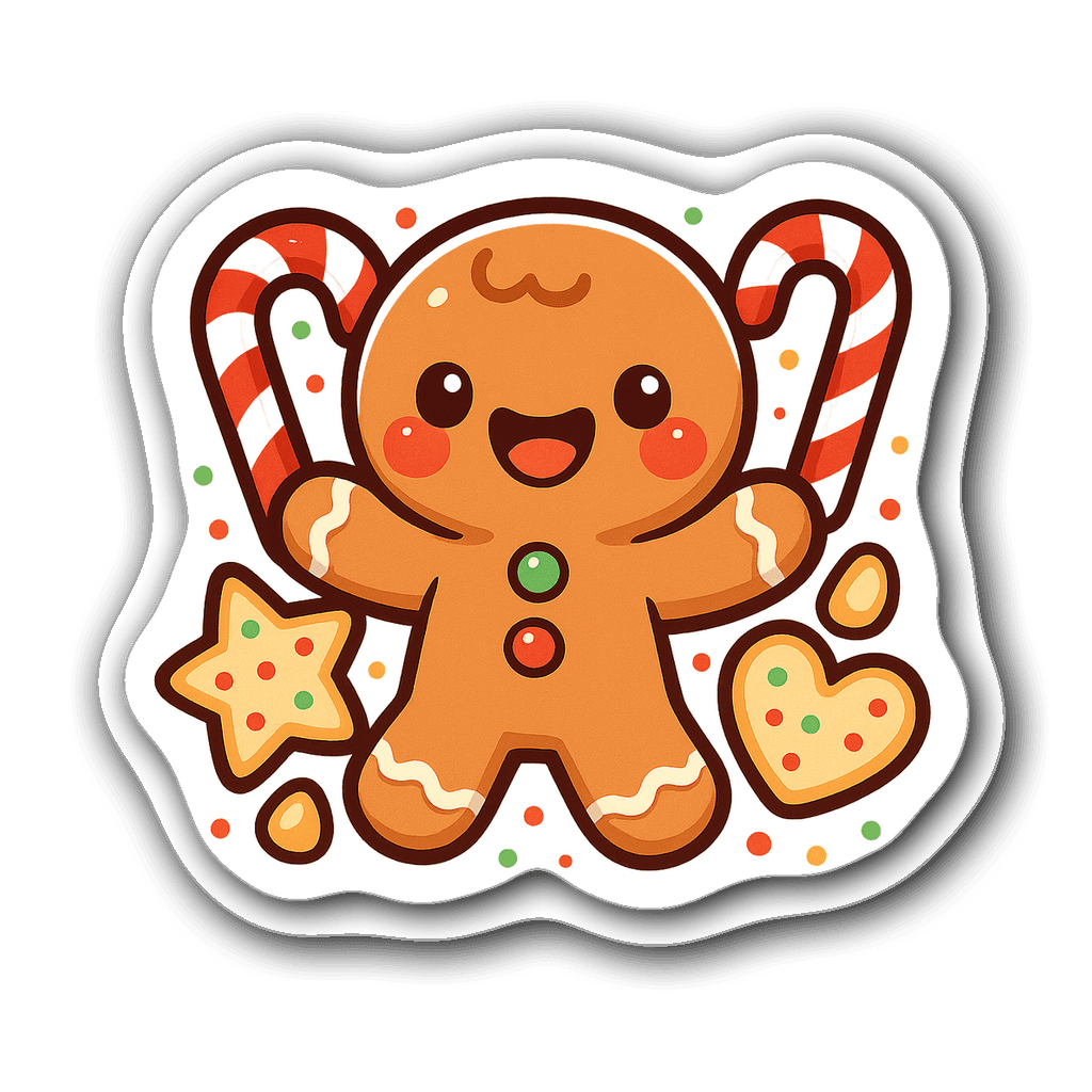 Cute chibi gingerbread man surrounded by candy canes and cookies