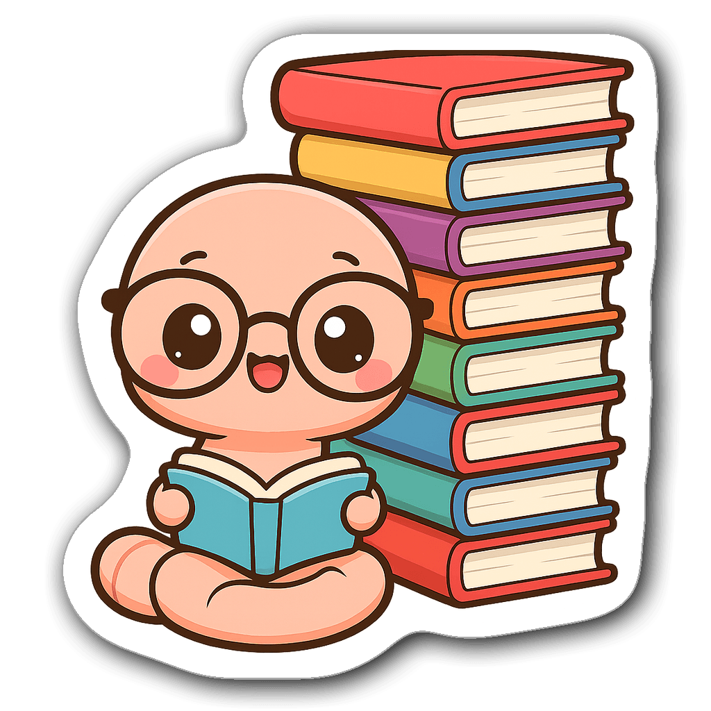 Kawaii chibi bookworm surrounded by colorful books