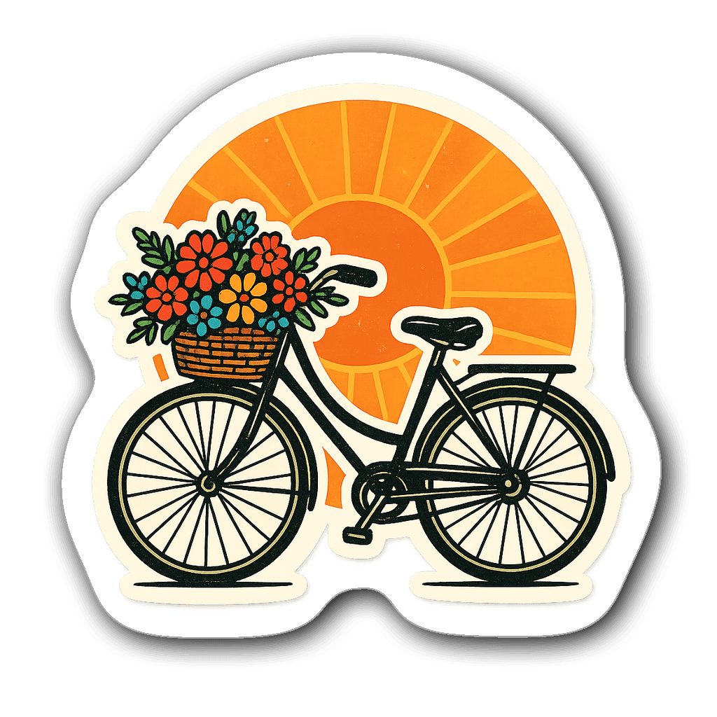 Vintage bicycle with flowers in a colorful basket on sunburst