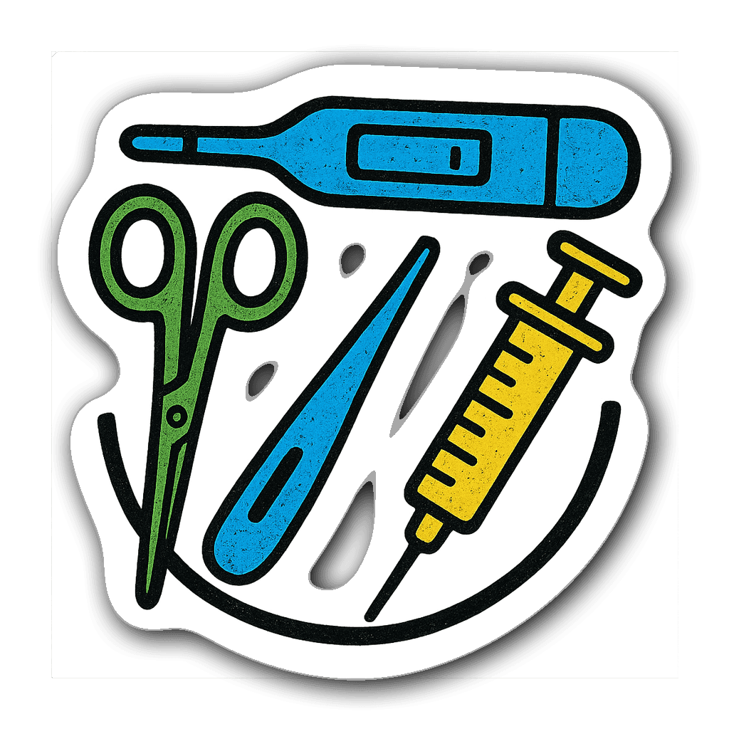 Linocut design of various veterinary tools in bright colors