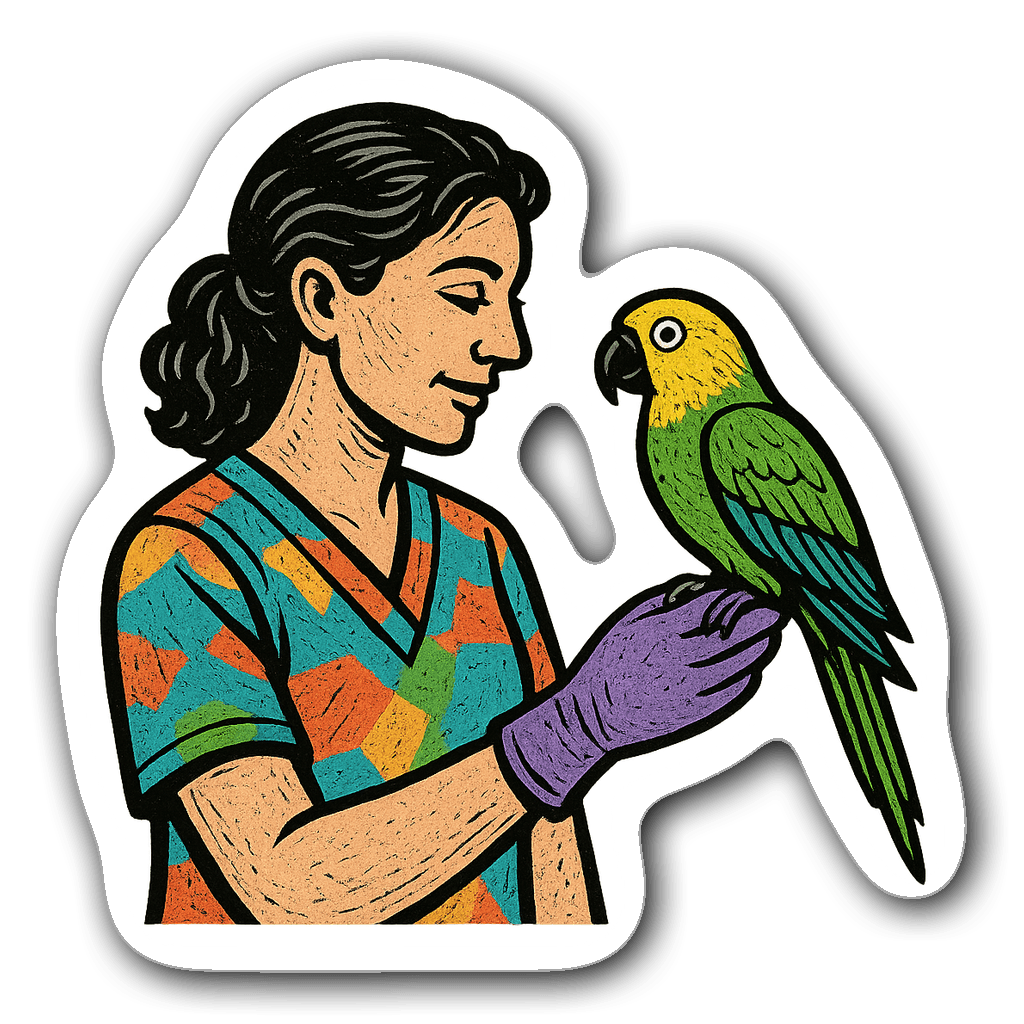 Vet tech examining a colorful parrot on gloved hand sticker