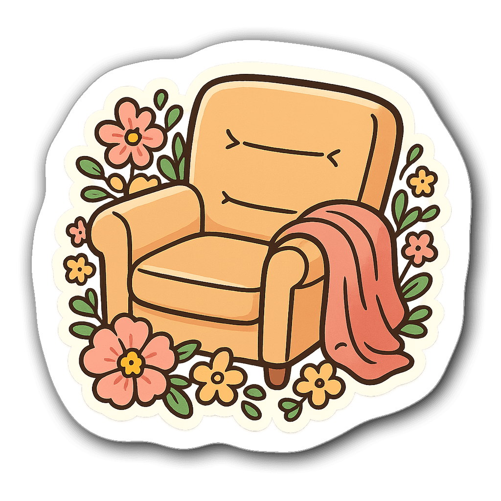 Watercolor illustration of a cozy therapist armchair with flowers