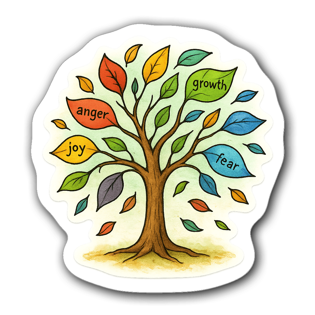 Watercolor illustration of a serene tree with colorful leaves