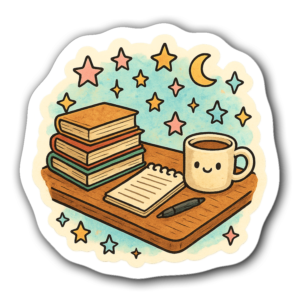 Vintage therapist's desk with books and coffee mug sticker