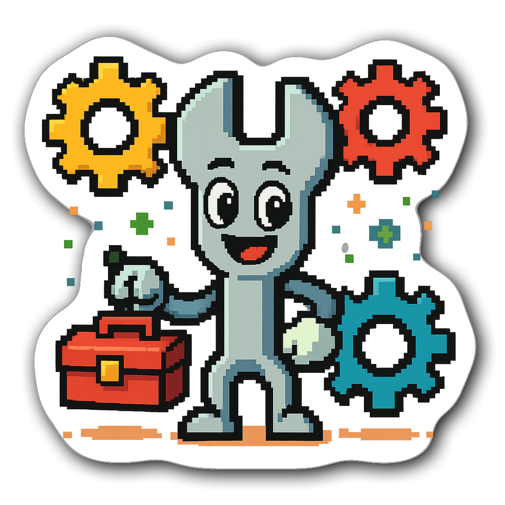 Cheerful pixel art wrench character with toolbox and gears