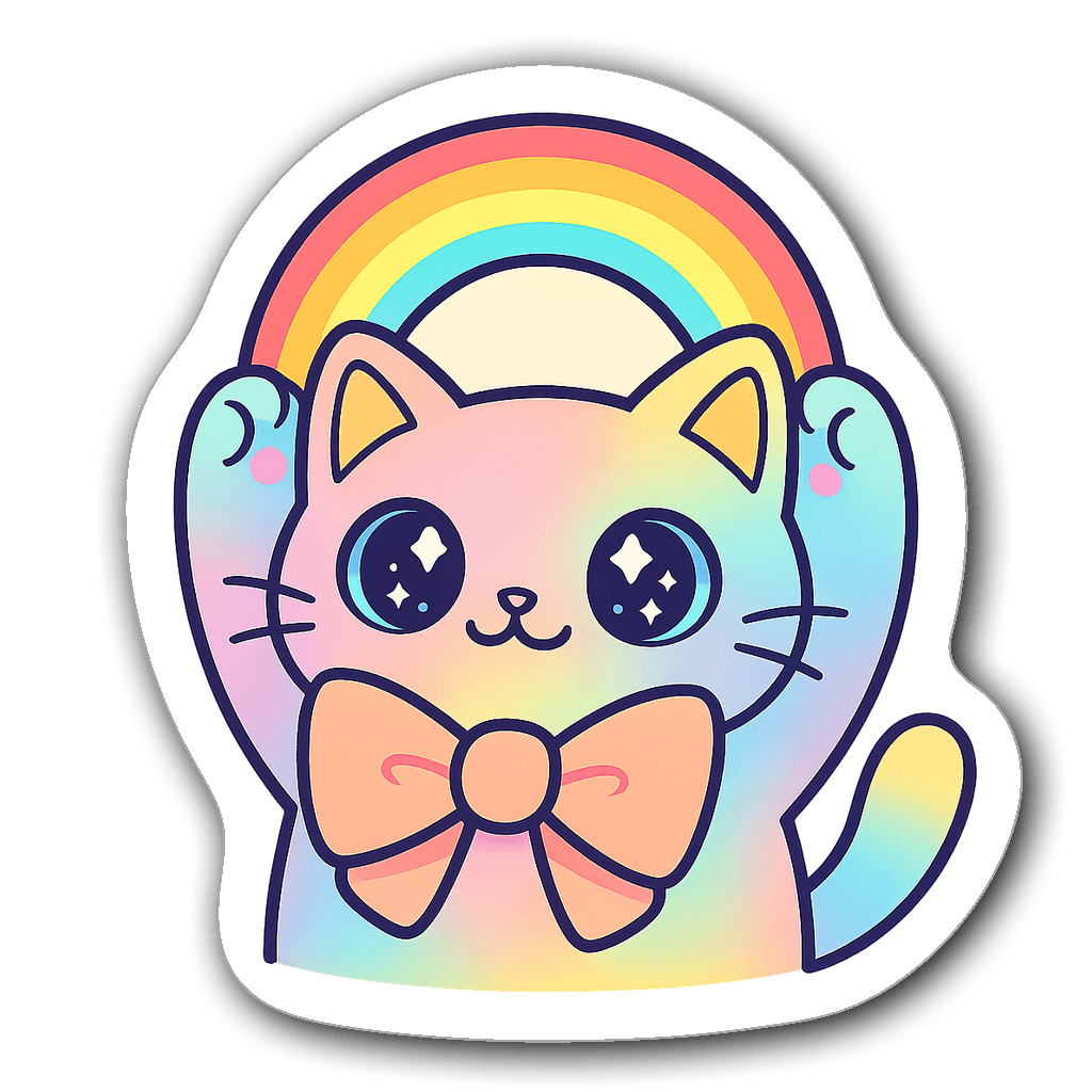 Pastel-colored kawaii cat sticker with bow and rainbow