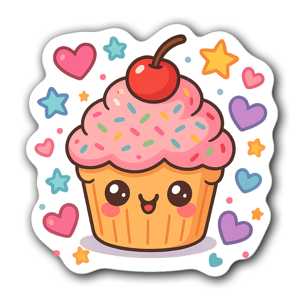 Cute cupcake sticker with sprinkles and colorful hearts