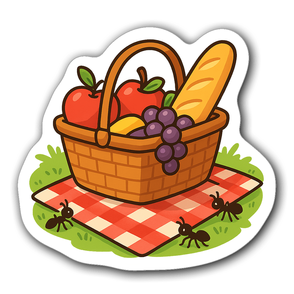 A charming picnic basket filled with fruits and a baguette on grass