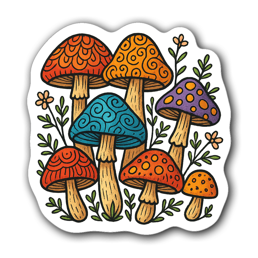 Beautifully drawn mushrooms with ferns and flowers sticker