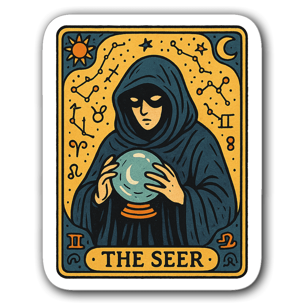 Illustrated tarot card with zodiac constellations and a figure