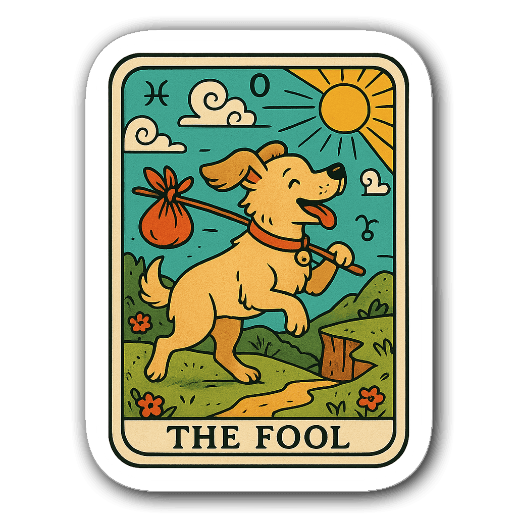 The Fool tarot card with playful dog and zodiac symbols
