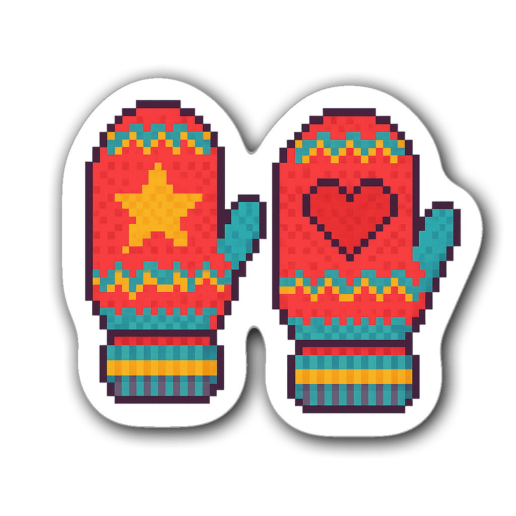 Colorful pixel art sticker of knitted mittens