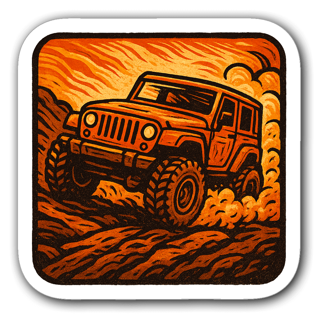 Die-cut sticker of an off-road vehicle in vibrant colors