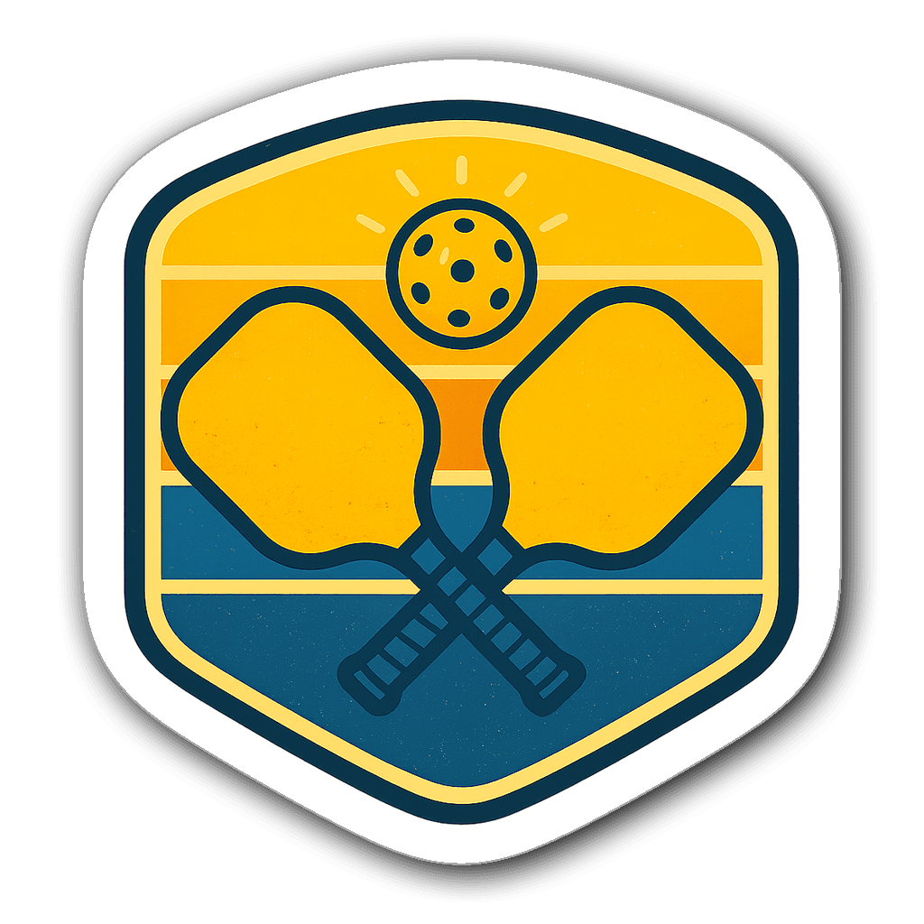 Retro pickleball badge with crossed paddles and glowing ball