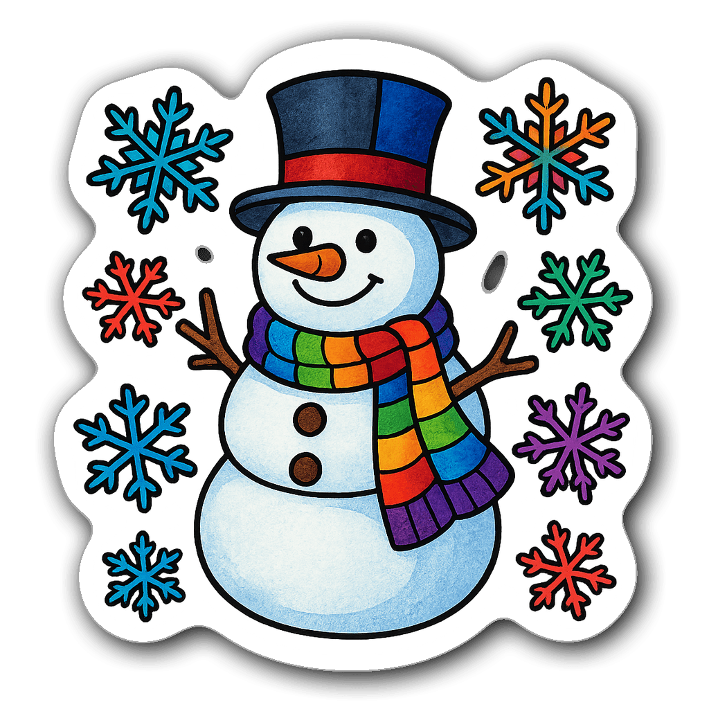 Cheerful stained glass snowman surrounded by snowflakes