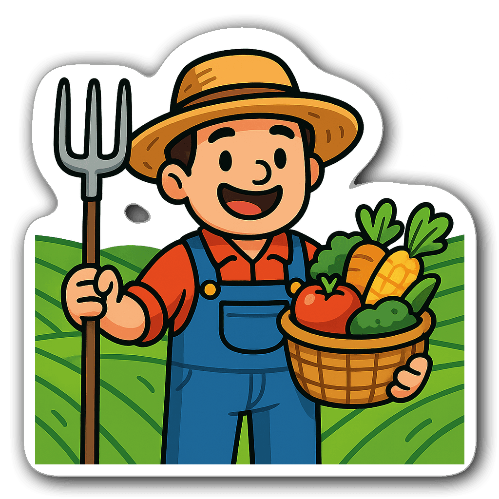 Cartoon farmer sticker design with pitchfork and vegetables