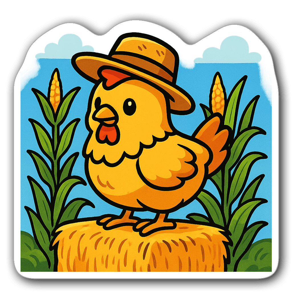 Adorable chicken in farmer's hat on hay bale with corn