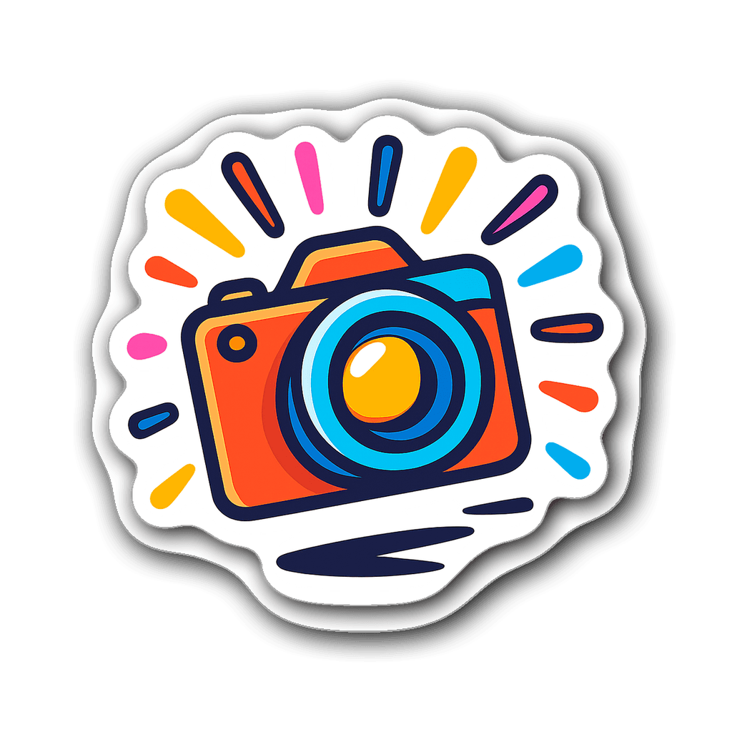 Vibrant photographer camera icon sticker with colorful bursts