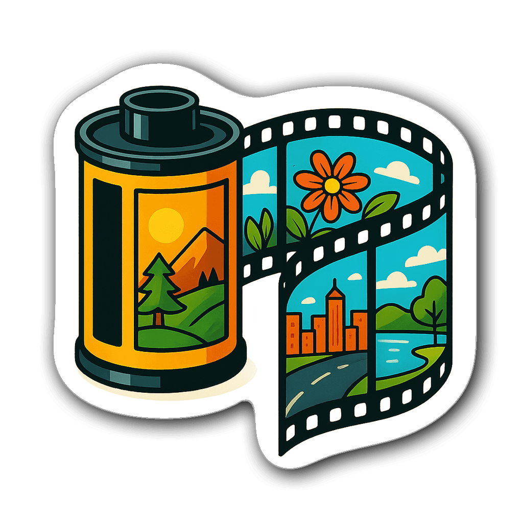 Vintage film roll sticker showcasing vibrant nature and cityscapes