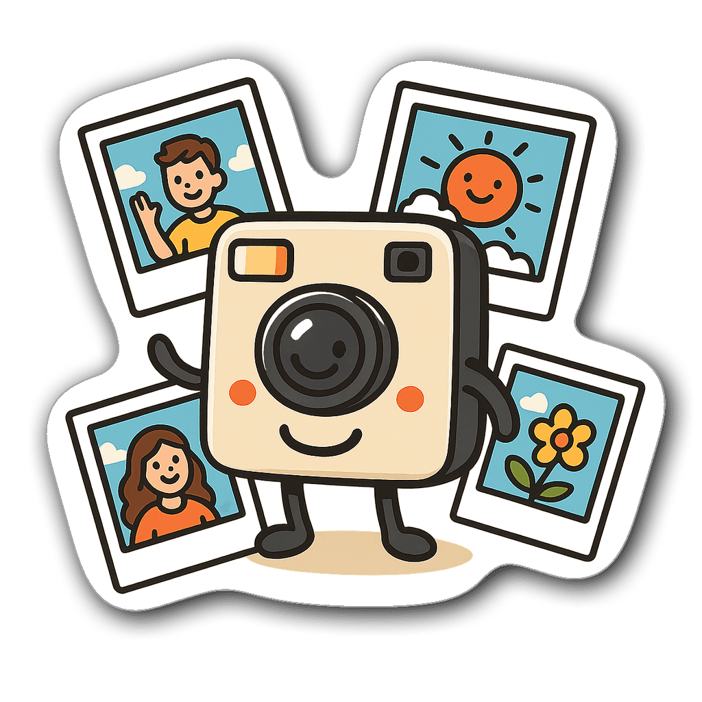 Cute instant camera character surrounded by polaroid frames