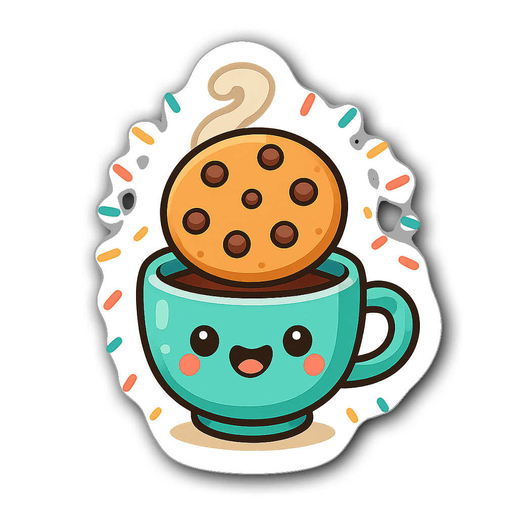Kawaii chibi coffee cup sticker with cute face and cookie