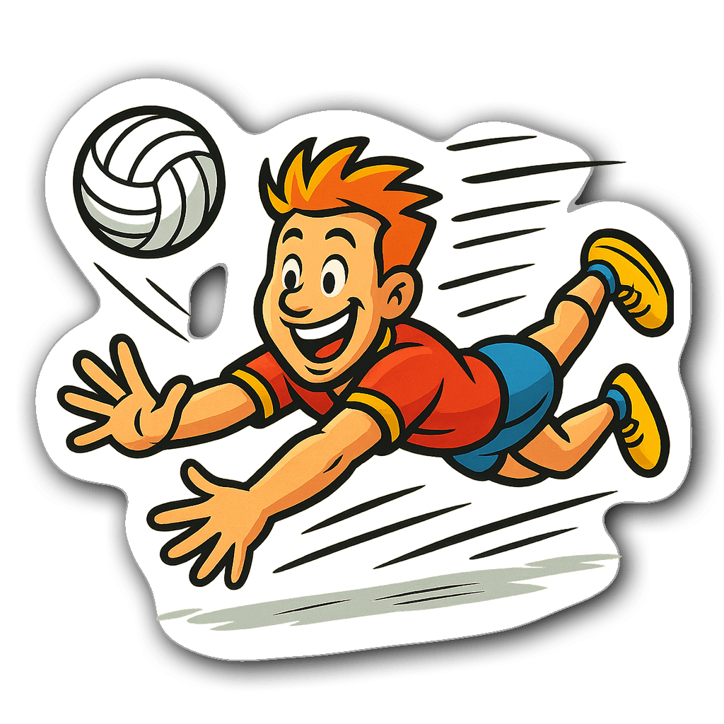 Cartoon-style volleyball player diving for a ball