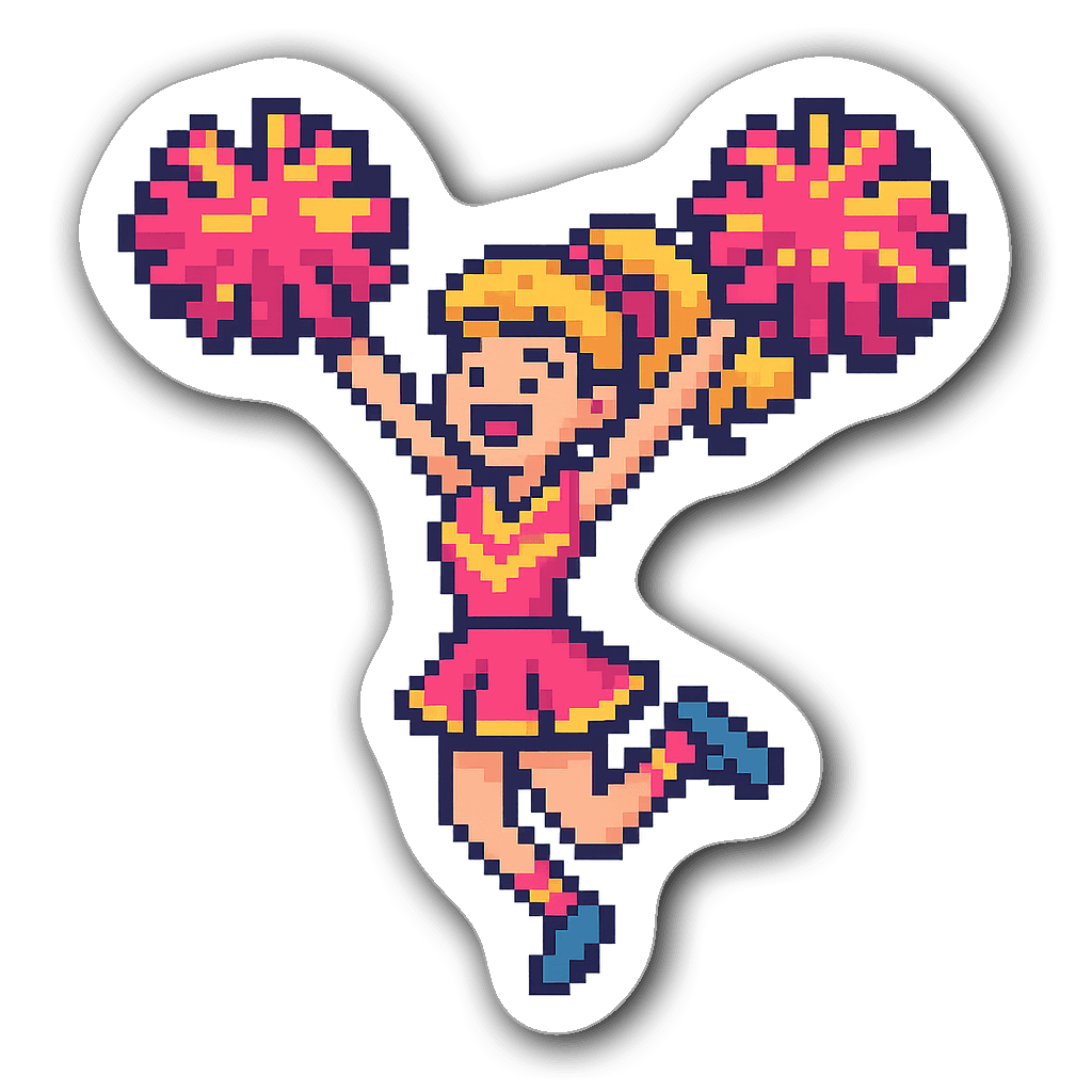Pixel art cheerleader jumping with pom-poms