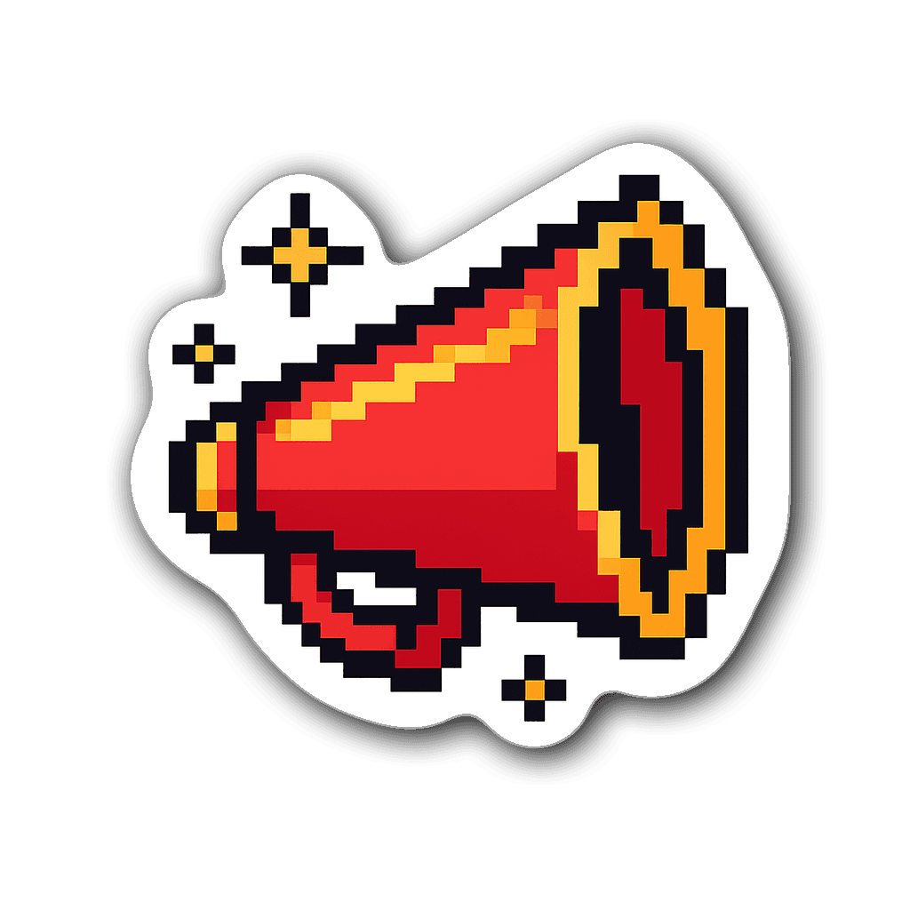 8-bit cheerleading megaphone sticker with pixelated sparkles