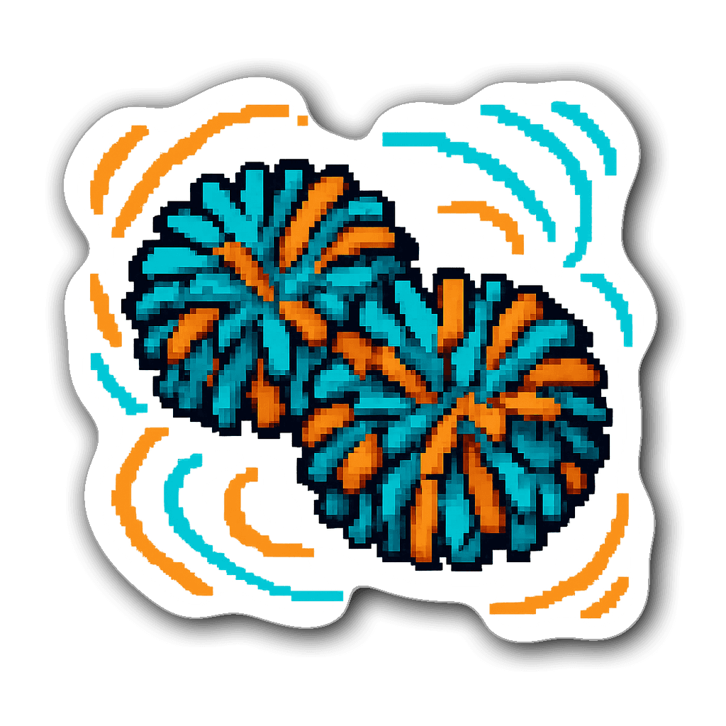 Colorful pixel art cheerleading pom-poms sticker with dynamic swirls