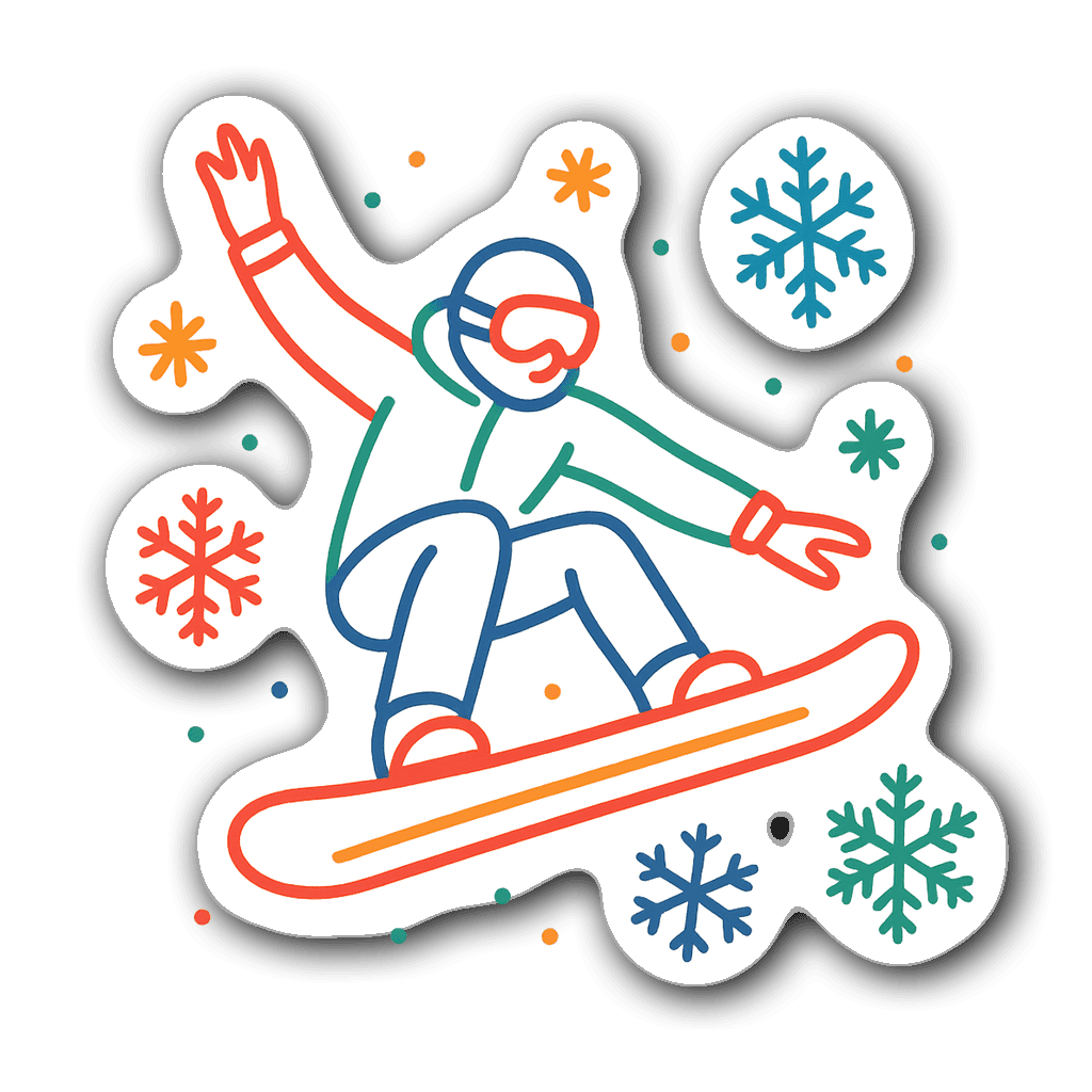 Line art sticker of a snowboarder executing a trick mid-air