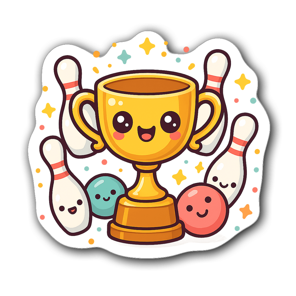Kawaii chibi-style bowling trophy sticker with cheerful balls and pins