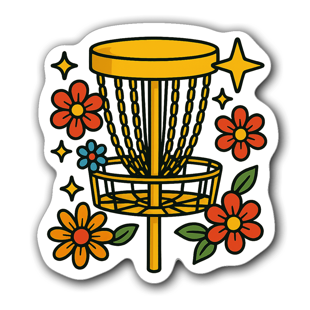 Illustration of a retro disc golf basket surrounded by flowers and stars