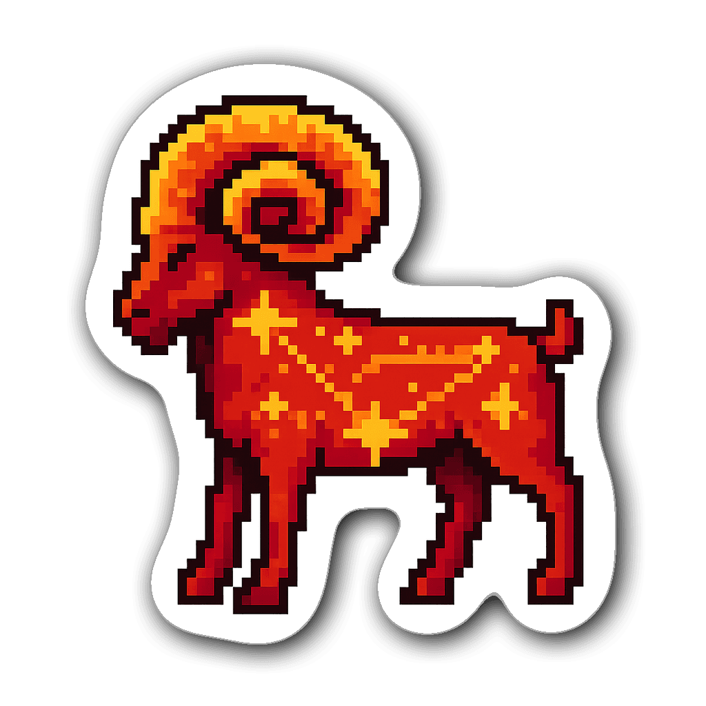 8-bit pixel art Aries Zodiac sticker in fiery reds and golds