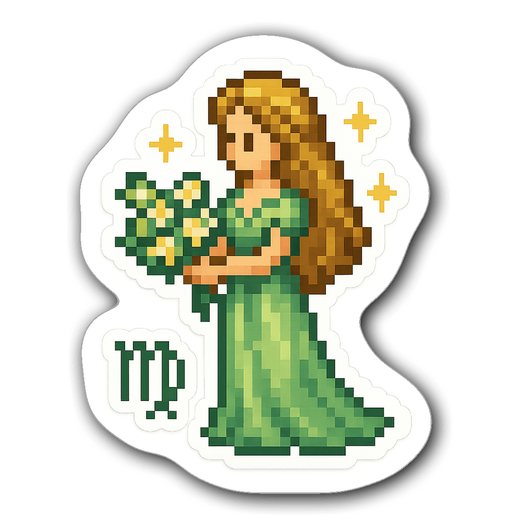 Virgo Zodiac die-cut sticker featuring pixel art maiden