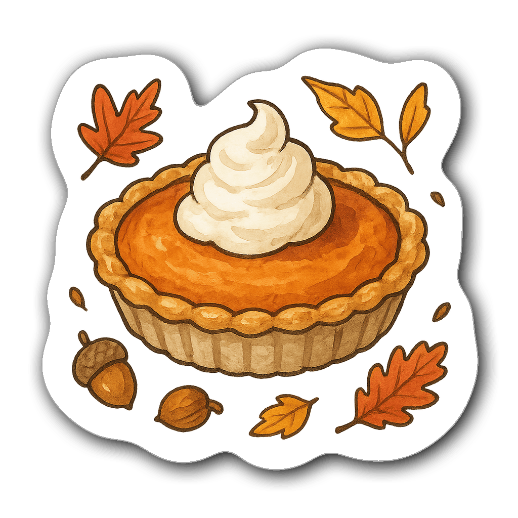 Watercolor illustration of a pumpkin pie with autumn elements