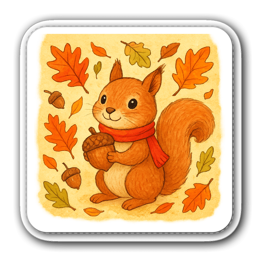 Friendly squirrel with acorn and autumn leaves in watercolor