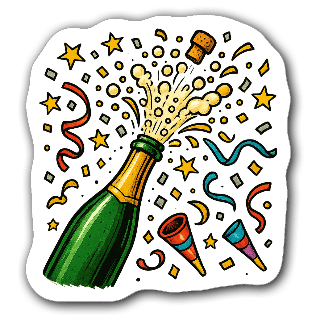 New Year's Eve sticker with champagne and confetti design