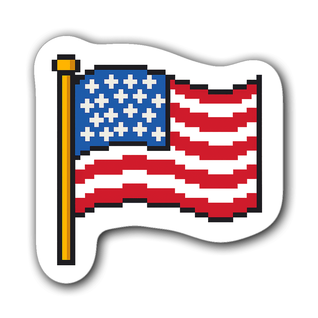 8-bit pixel art design of an American flag waving