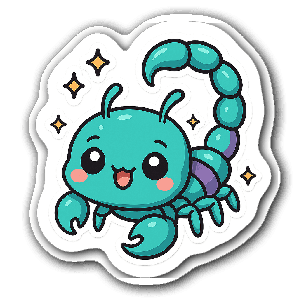 Kawaii chibi Scorpio sticker with oversized eyes and a heart-shaped tail